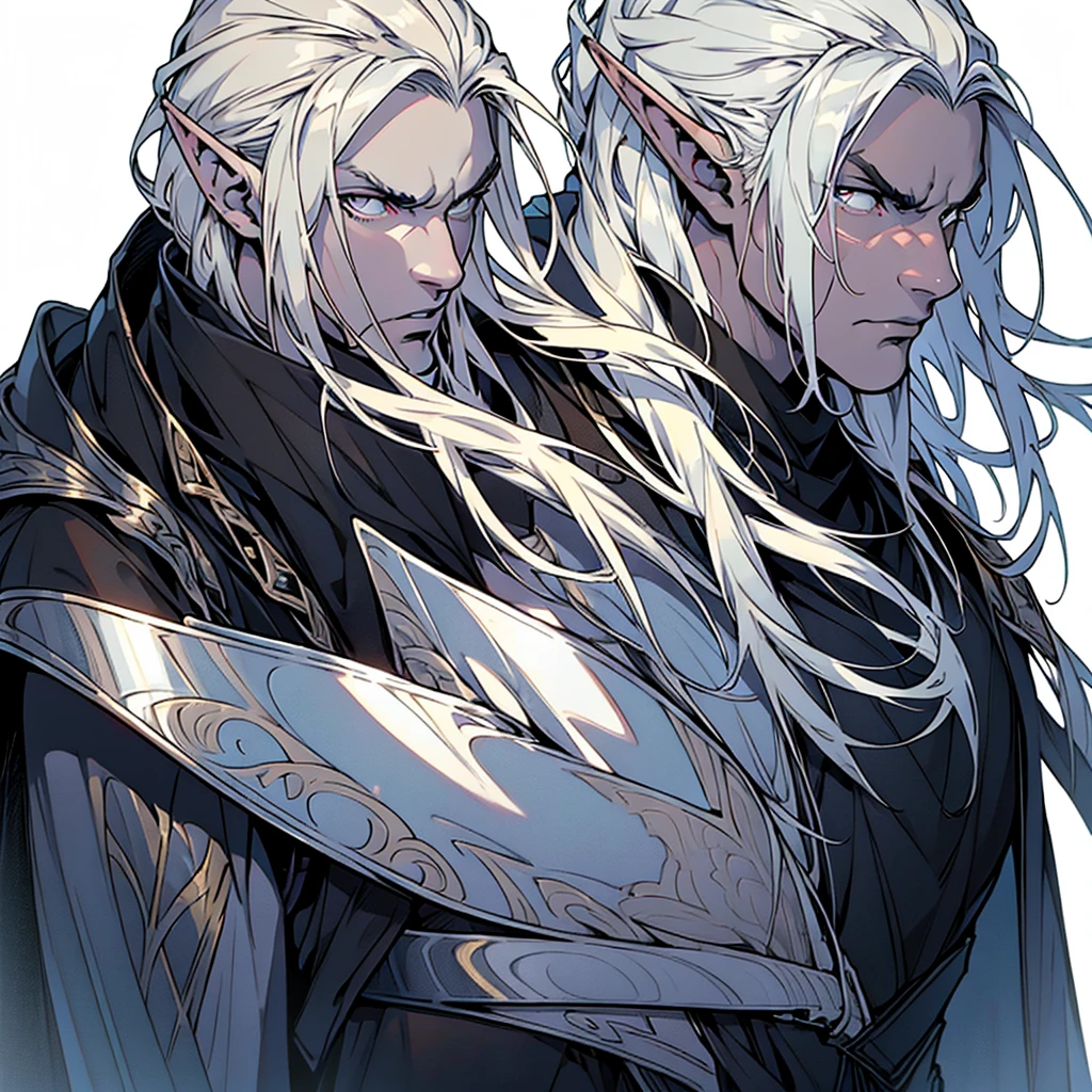 anime, Mature (((50 years old))), masterpiece, best quality, by professional artist, male, solo, upper body portrait, detailed composition, detailed eyes, white background, long light blond undercut hair, elf, grey eyes, serious face, hair covering one eye, black cloak, silver medieval armor.