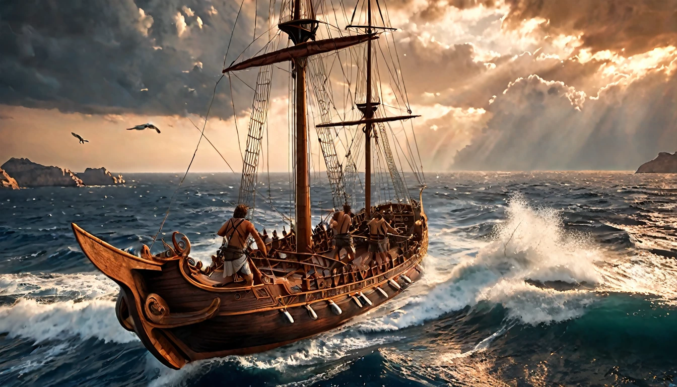 photorealistic, (best quality,4k,8k,highres,masterpiece:1.2),ultra-detailed,(realistic,photorealistic,photo-realistic:1.37),Jason and the Argonauts, Greek trireme ship Argo sailing in the middle of the Mediterranean sea, dramatic lighting, crashing waves, roiling clouds, dramatic sky, flying seagulls, detailed wood grain texture, intricate rigging and sails, muscular crew members, Jason standing heroically at the prow, determined expression, detailed facial features, wind-swept hair, classical Greek architecture in the background, glowing sunset colors