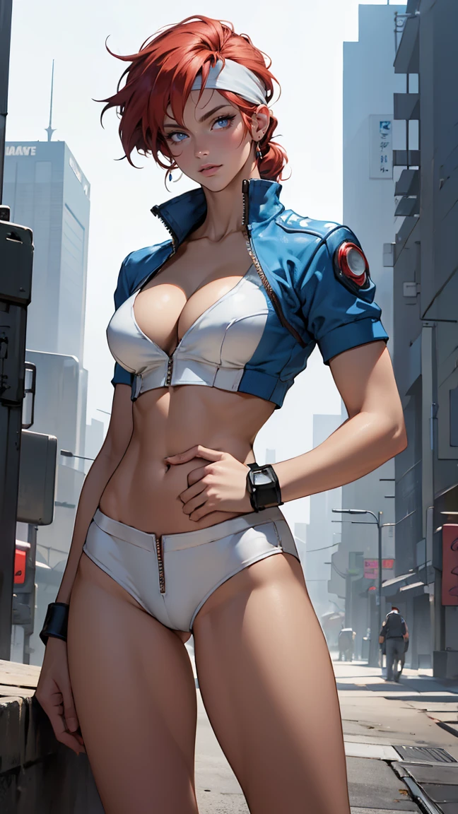 ((Masterpiece, highest quality; 1.3)), super quality, beautiful detail, super detailed, extra fine, 16K, exquisite, absurd, high resolution, beautiful background, detailed background, beautiful eyes, beautiful skin, anime style, Kay from Dirty Pair in a white outfit, tight outfit, cleavage, bushy redhead beauty, very light blue uniform, wearing tight clothes, skimpy, (mid chest: 1.2), cleavage, cleavage, slim waist , thin waist, slim thighs, thin legs, slim legs. thigh gap, showing stomach, skinny, thin hips, cyberpunk city background, holding retro space gun , headband,