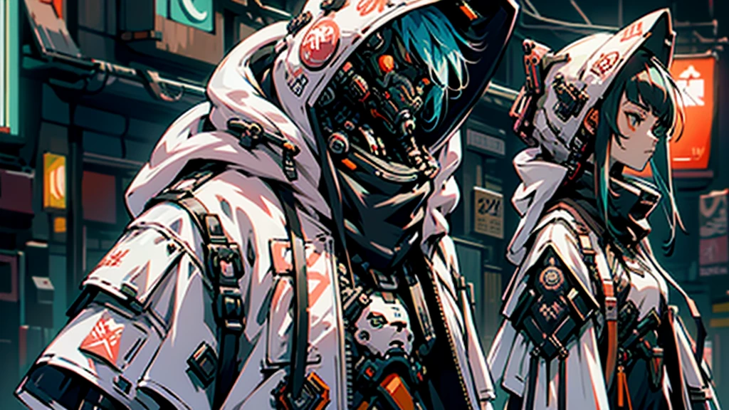 Anime girl in a white hoodie with a teddy bear on the hood, Cyberpunk art inspired by Liam Wong, Topics on pixiv, fur art, Cyberpunk anime girl in a hoodie, wearing Cyberpunk Streetwear, Anime Aesthetics, Anime atmosphere, 80年代のAnime atmosphere, Cyberpunk Streetwear, Gweiz-style artwork, Lo-fi Girl, Dreamy and colorful cyberpunk colors