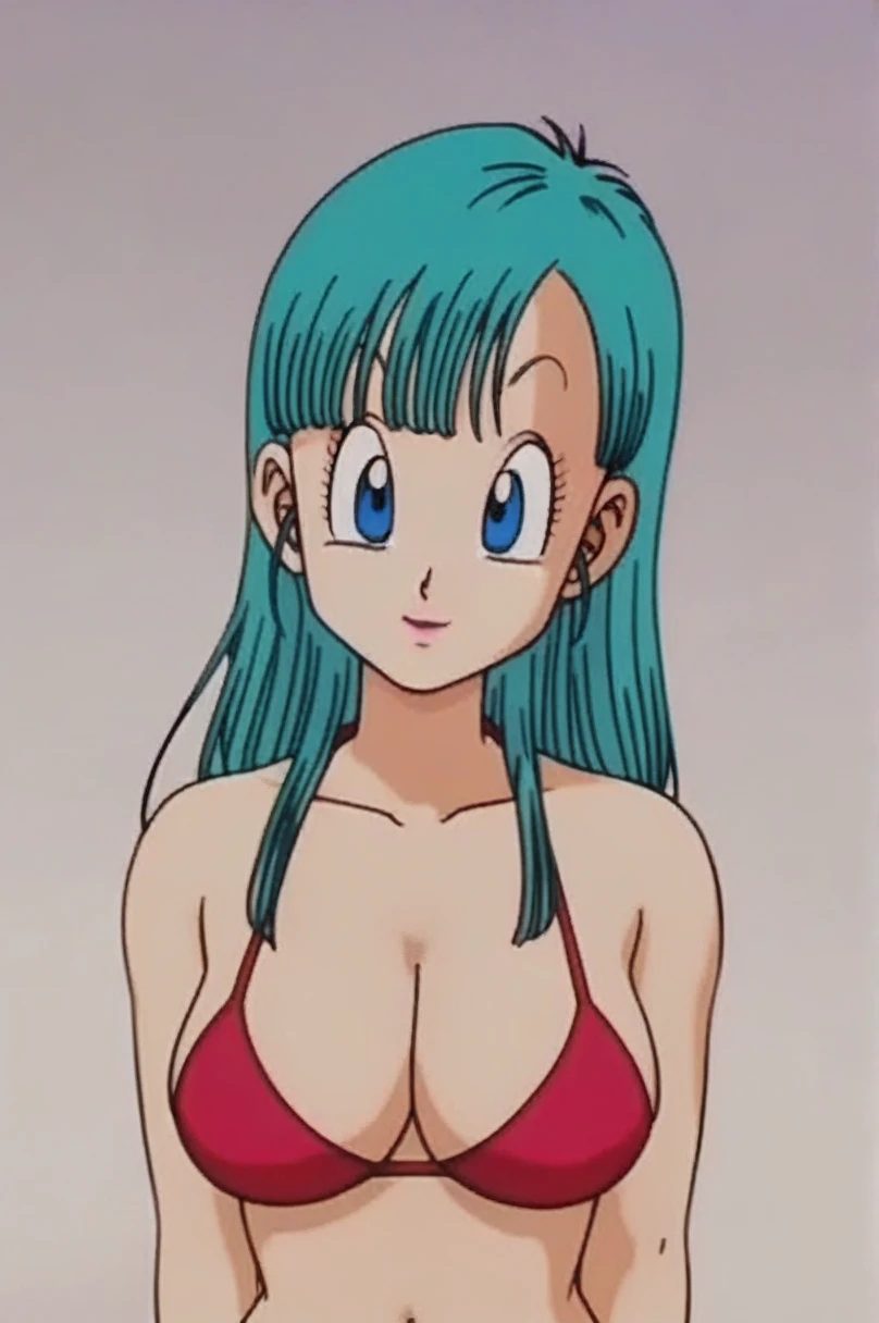 source_anime, score_9, score_8_up, score_7_up, anime screencap, 
bulma \(dragonball\), 1girl, solo, long hair, looking at viewer, bangs, blue eyes, red bikini, standing, upper body, horny facial expression, aqua hair, bare feet, collarbone, arms by side, fingernails, big breasts, raised eyebrows, eyebrows, eyelashes,
 