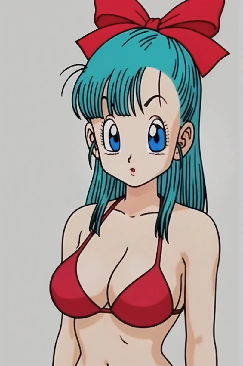 source_anime, score_9, score_8_up, score_7_up, anime screencap, 
bulma \(dragonball\), 1girl, solo, long hair, looking at viewer, bangs, blue eyes, red bikini, standing, upper body, horny facial expression, aqua hair, bare feet, collarbone, arms by side, fingernails, big breasts, raised eyebrows, eyebrows, eyelashes,
 