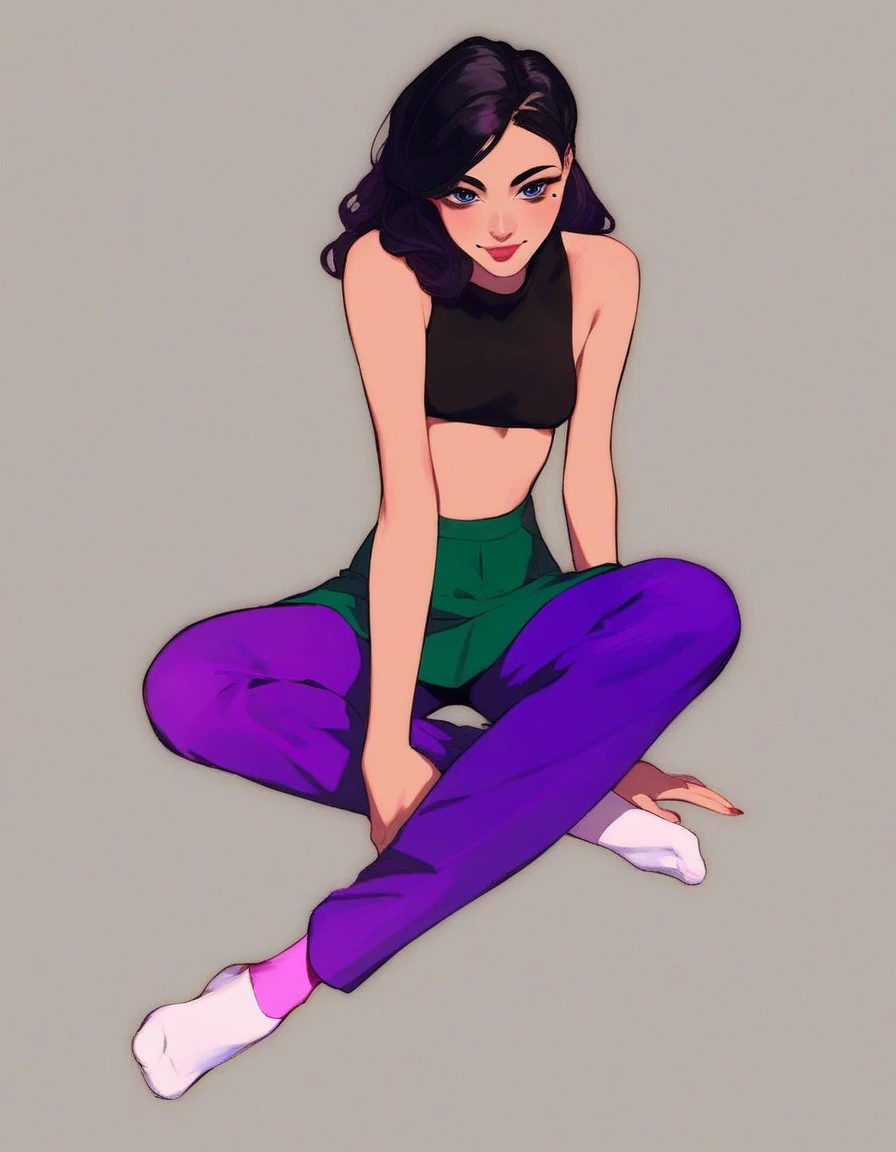 annabelle, 1girl, solo, full body, long black hair, black eyeliner, mole on right cheek, black crop top, desaturated green skirt, purple pants, light pink socks