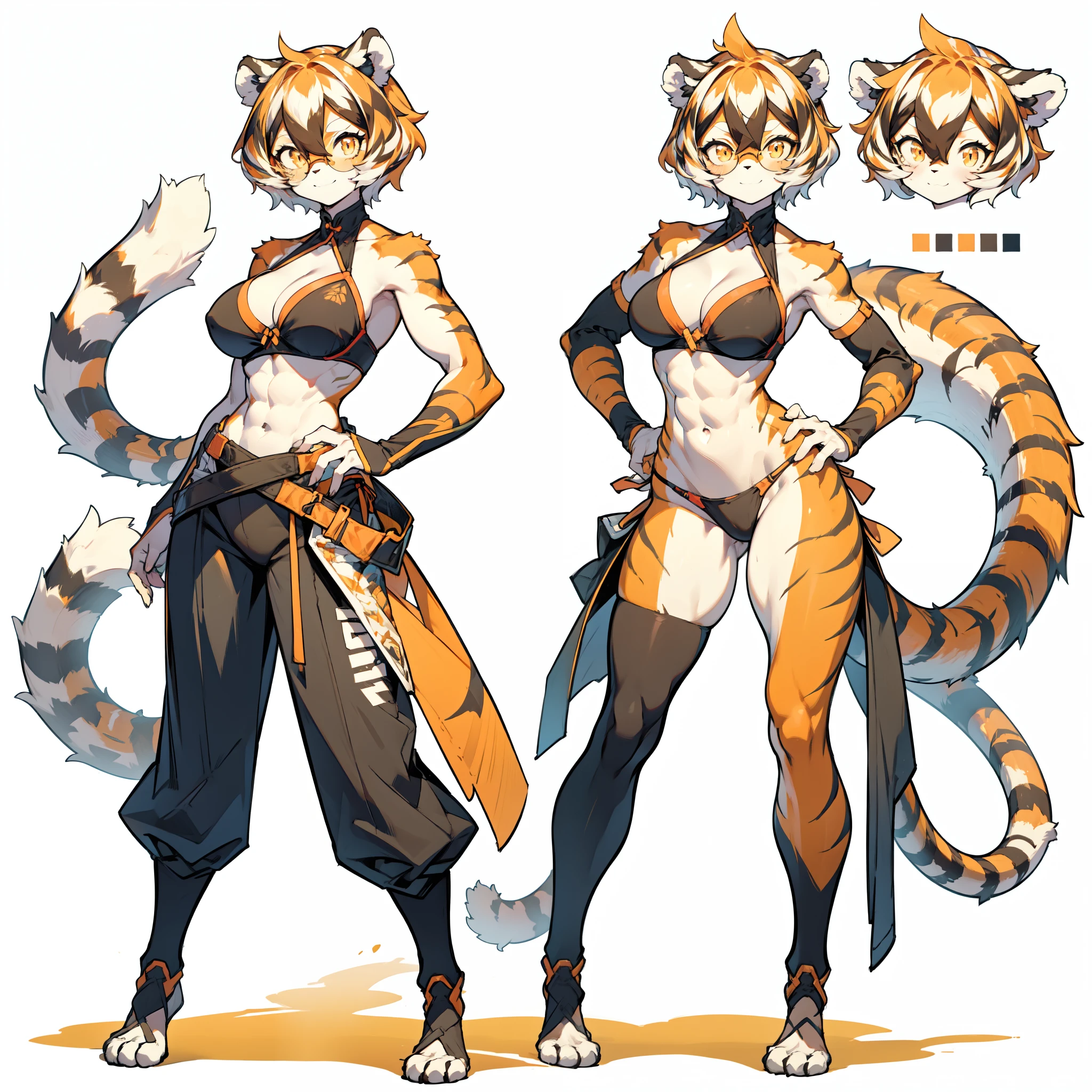front and back,white background, full body, Standing:1.5, Crotch cloth and bikini bra,animal ears, white hair, black hair, short hair, large breasts, tiger skin,Abdominal muscles, tail, orange eyes, orange hair, multicolored hair, tiger girl, hair between eyes, tiger_ears, tiger_tail, orange-tinted_eyewear, tinted_eyewear, big breasts, evil smile, Shadows under feet, sey ass,