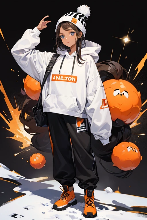 SHE has brown skin, and straight brown hair. She has big blue eyes, and pale lips. HER accessories consist of a black beanie with a puff ball on the top.
HER outfit is a blank white shirt that has the word cool boy in red in the style of a plastic bag. HER hoodie is black and open. on the side is "Na Na Na" on hER long sleeves. HER jogging pants are black with white stripes on the side of them. SHe wears white winter boots with orange and black on them to resemble a penguin. SPARKLE; GLITTER