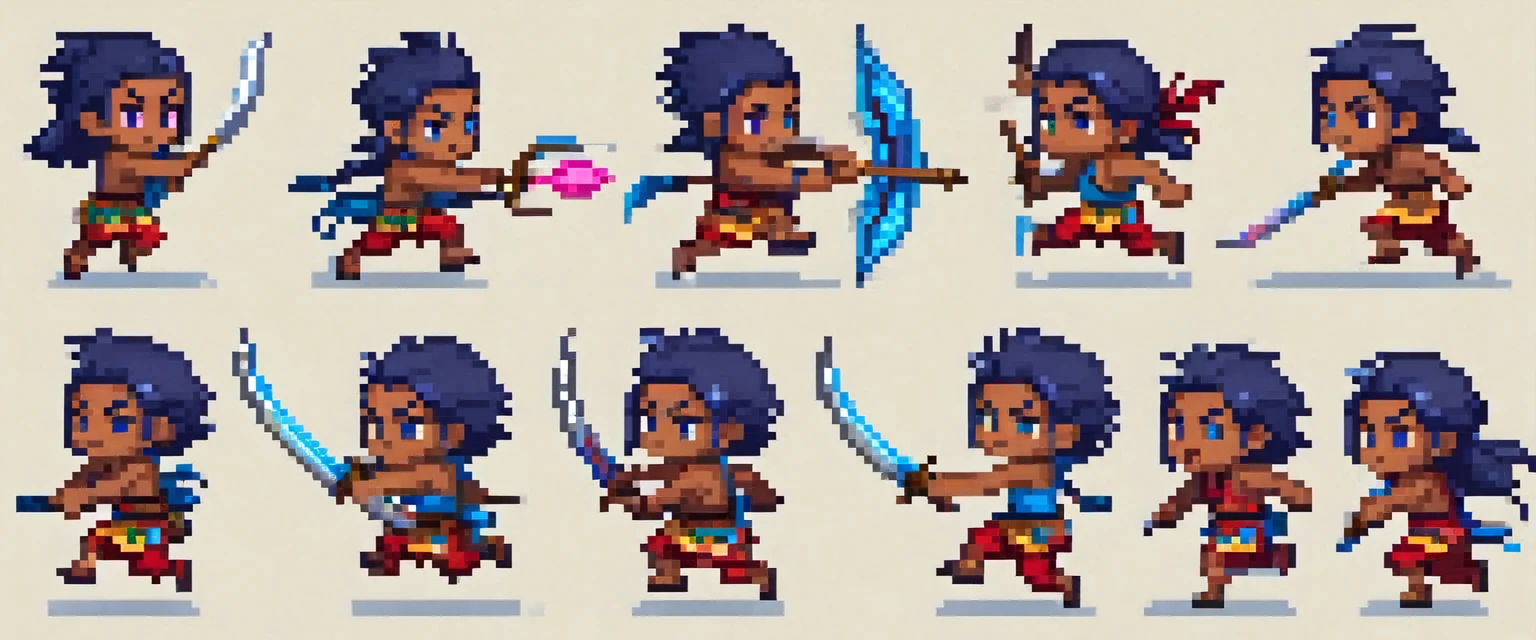 Create a sprite sheet for character animations that includes frames for movement, running, jumping, sword attack, spear attack, and bow attack. Mas o personagem é uma  de cabelo azul escuro cor de pele pardo e olhos rosa  com uma pequena mochila nas costas de etinia indigena brasileiro