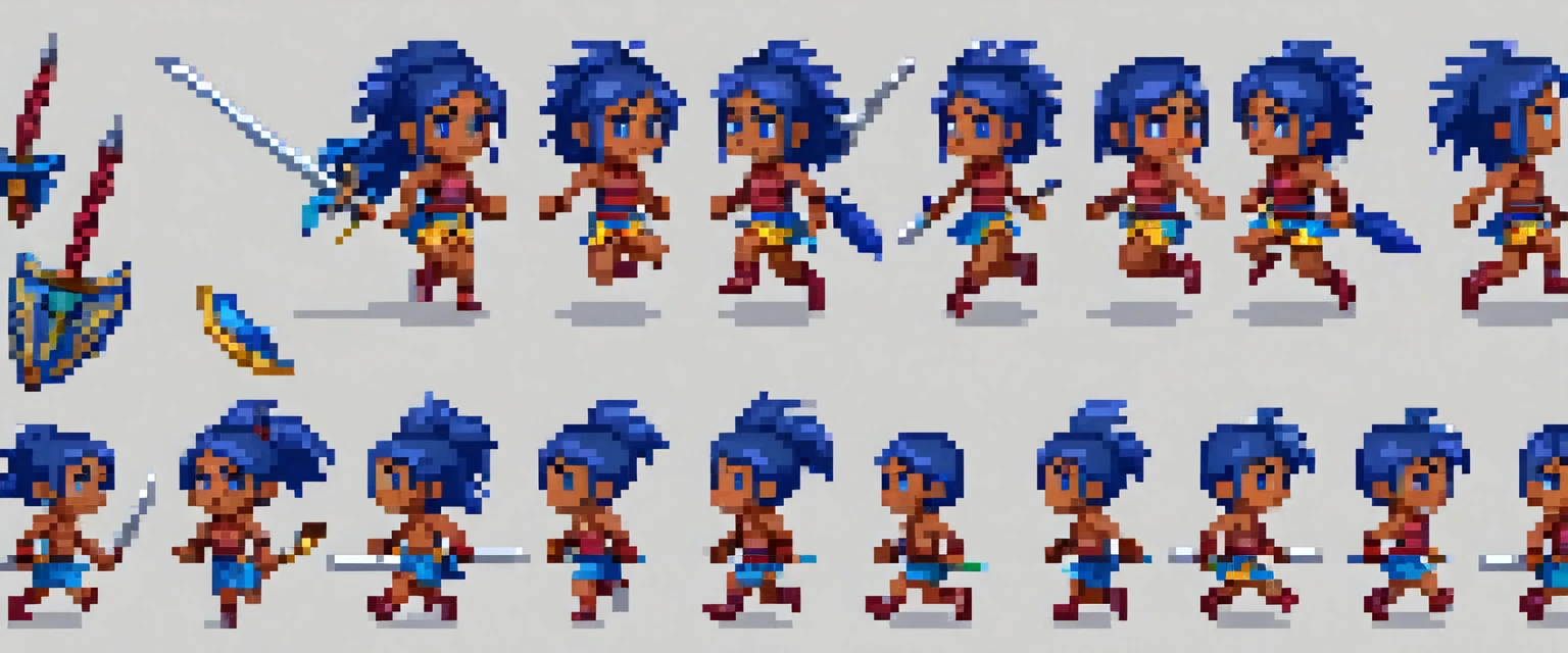 Create a sprite sheet for character animations that includes frames for movement, running, jumping, sword attack, spear attack, and bow attack. Mas o personagem é uma de cabelo azul escuro cor de pele pardo e olhos rosa com uma pequena mochila nas costas de etinia indigena brasileiro