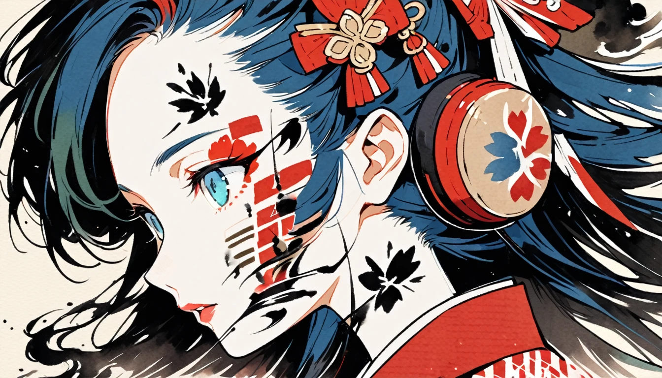 (((Ink Painting))), ((Japanese style headphones)), (((Japanese pattern tattoo on face))), face close up, Gorgeous hair accessories, Japan人の女, Fluttering Hair, Japan, Japanese flag, blue