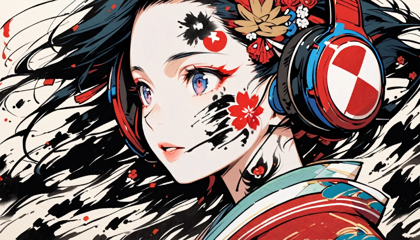 (((Ink Painting))), ((Japanese style headphones)), (((Japanese pattern tattoo on face))), face close up, Gorgeous hair accessories, Japan人の女, Fluttering Hair, Japan, Japanese flag, blue