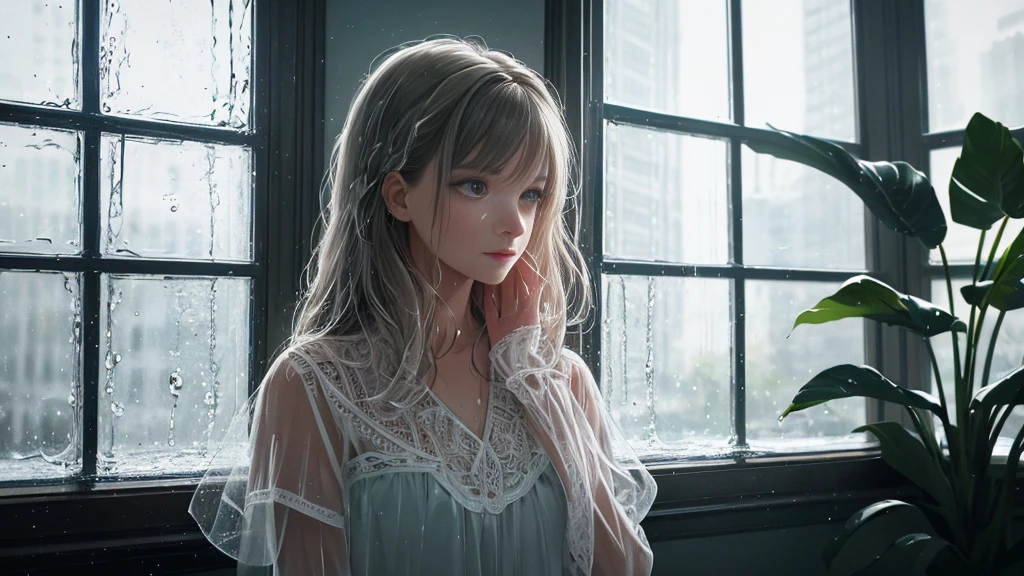 {best quality}, {very aesthetic}, {ultra-detailed}, {8k}, {Super elaborate face}, {Super-smart body}, Wet day, A woman looking out the window indoors, An ennui atmosphere, Super fine hair, flat chest, 1girl,