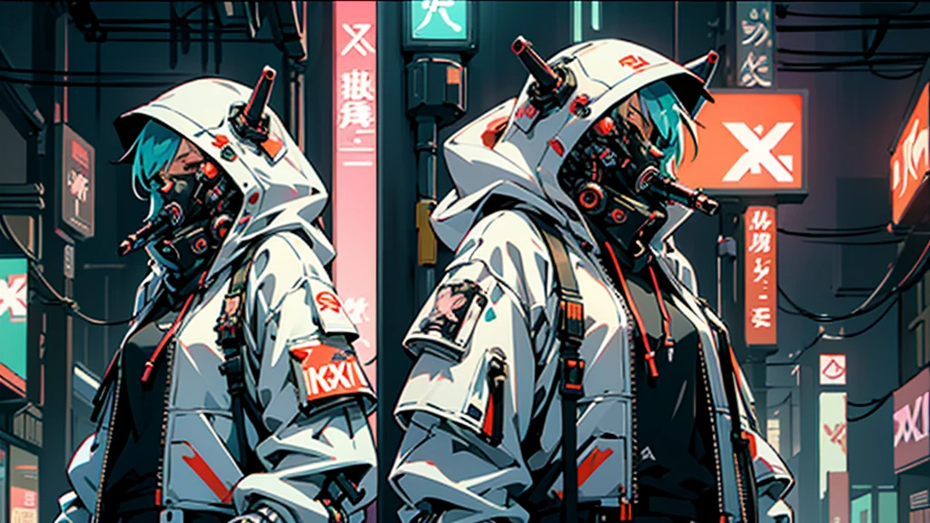 Anime girl in a white hoodie with a teddy bear on the hood, Cyberpunk art inspired by Liam Wong, Topics on pixiv, fur art, Cyberpunk anime girl in a hoodie, wearing cyberpunk streetwear, Anime Aesthetics, Anime atmosphere, Anime atmosphere of the 80s, cyberpunk streetwear, Gweiz-style artwork, Lo-fi Girl, Dreamy and colorful cyberpunk colors