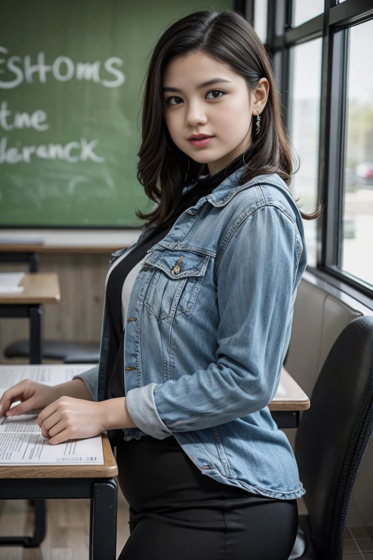 1 mature school teacher, with big breast and big butts, teaching science subject, background science classes