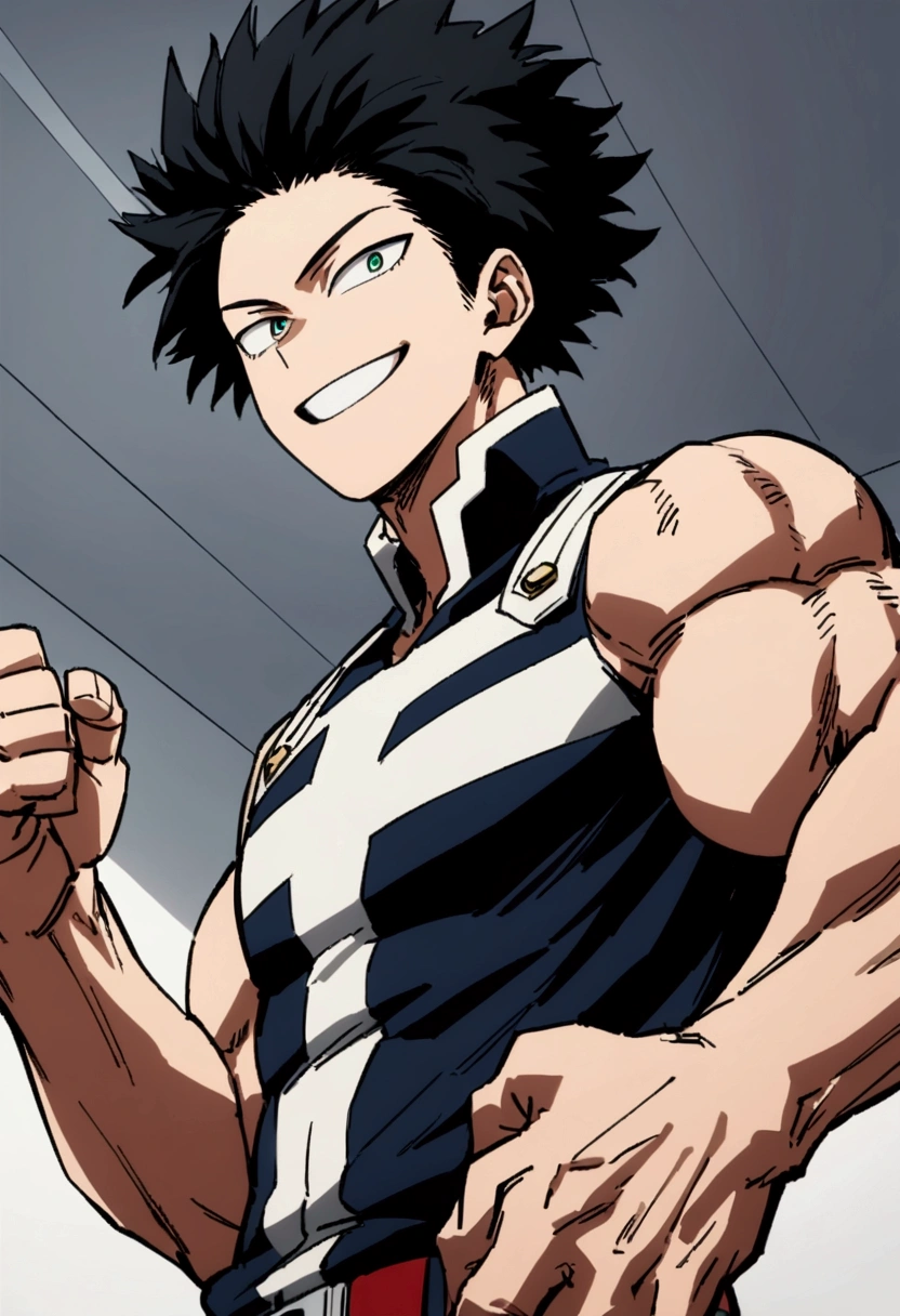  He is a , He has slightly disheveled very black hair..., somewhat light green eyes, , muscular body , sexy face, He is dressed in the anime male uniform "my hero academia", excited face 