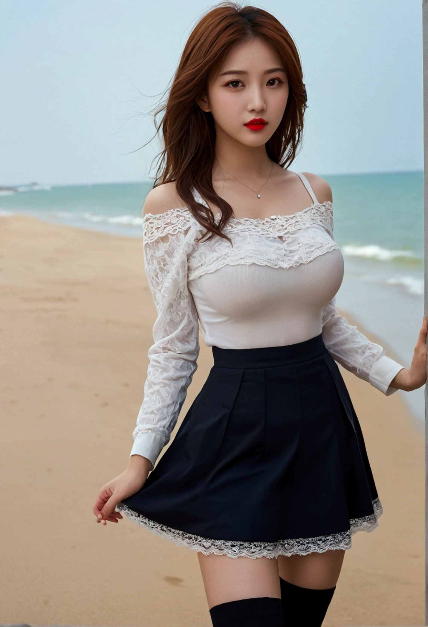 Pull on clothes Pull on skirt Pull on dress Pull on shirt Pull on sweater Blow on Lift up ((Large Breasts)), ((D Cup)), Visible cracks，Highly detaileded face and skin texture，((Exposing shoulders)), double eyelid，Skin whitening，Long Hair，Whiten and lengthen legs，Standing on the beach, Stylish girl, Red lips, pretty girl, beautifulメイク, detailed, Real, Very detaileded, wonderful, beautiful, Young and energetic, high quality，High resolution, Rich and colorful， Are you okay, Smooth Skin, The skirt is very short, Official Art, Extremely detaileded, atmosphere, Soft colors, Natural skin texture, random scene, Random shooting angle, Black knee socks, Lace hem