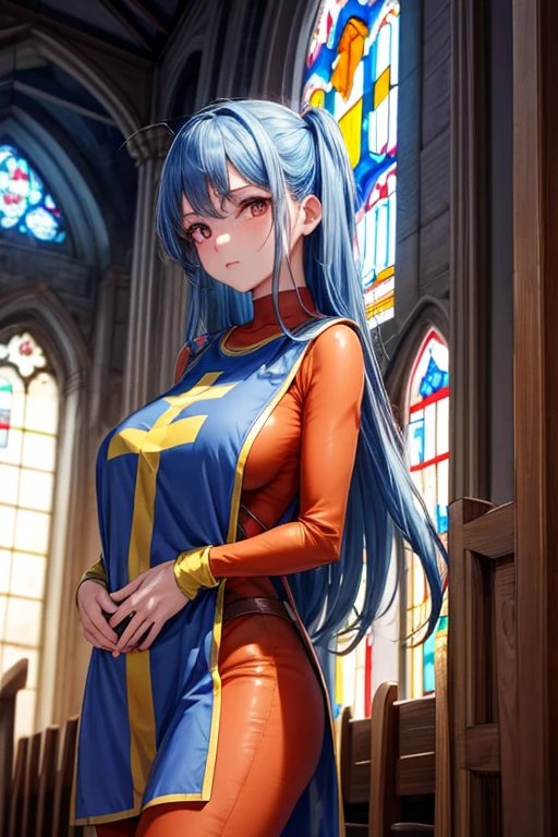 masterpiece, best quality, 4k, 8k, priest \(dq3\), 1girl, solo, long hair, blue hair, red eyes, mitre, tabard, cross print, orange bodysuit, elbow gloves, large breasts, praying, church, Stained glass, holylight, cowboy shot, from front, look at viewer, standing