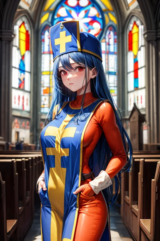 masterpiece, Highest quality, 4K, 8k, priest \(dq3\), One girl, alone, Long Hair, Blue Hair, Red eyes, Mitra, Tabard, Cross Print, Orange bodysuit, Elbow hand pockets, Large Breasts, pray, nature, church, Stained glass, Holy Light, Cowboy Shot, from the front, View the viewer, Are standing