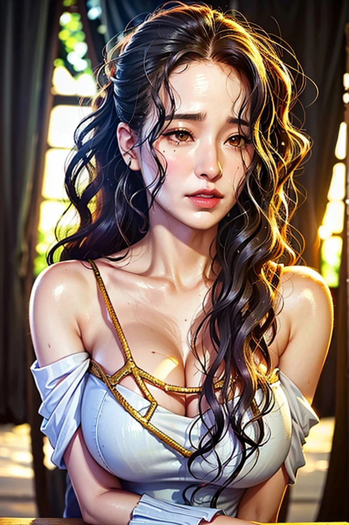 a close up of a woman in a white dress with wings, albedo from overlord, full - body majestic angel, albedo from the anime overlord, by Yang J, extremely detailed artgerm, anime goddess, villainess has black angel wings, ig model | artgerm, guweiz, angel knight girl
Divide Ratio : 1,1,1 Base Ratio: perfect dynamic composition:1.2,beauty in (Intricately detailed photo of a ((18-year-old))),((photorealistic)),((Hyper realistic)),((sharp focus)),(highest resolution),(the most absurd quality),(masterpiece),((natural, soft lighting during the day)),fashion supermodel,((best high quality real texture skin)),(Highly quality texture hair),((curly hair((slicked to the side))Intricately detailed:1.44)),(perfect proportions),(anatomically correct),((perfect female body)),((firm huge full breasts:1.2)), huge breast, huge breast, huge breast, slim face,beautiful cheekbones,((long legs)),(slim-muscled body),(Super beautiful face),(realistic face),(highly detailed face),absurd,(Intricately detailed eyes),(tired and sleepy and satisfied:0.0),a woman's eye with a digital rendering,realistic eyes,perfect round eyes,finely detailed pupils,BREAK(brown_eyes),detailed lips,((red_lipstick)),(Detailed nose), slim waist, mole on left breast, wet, wet, wet, wet
