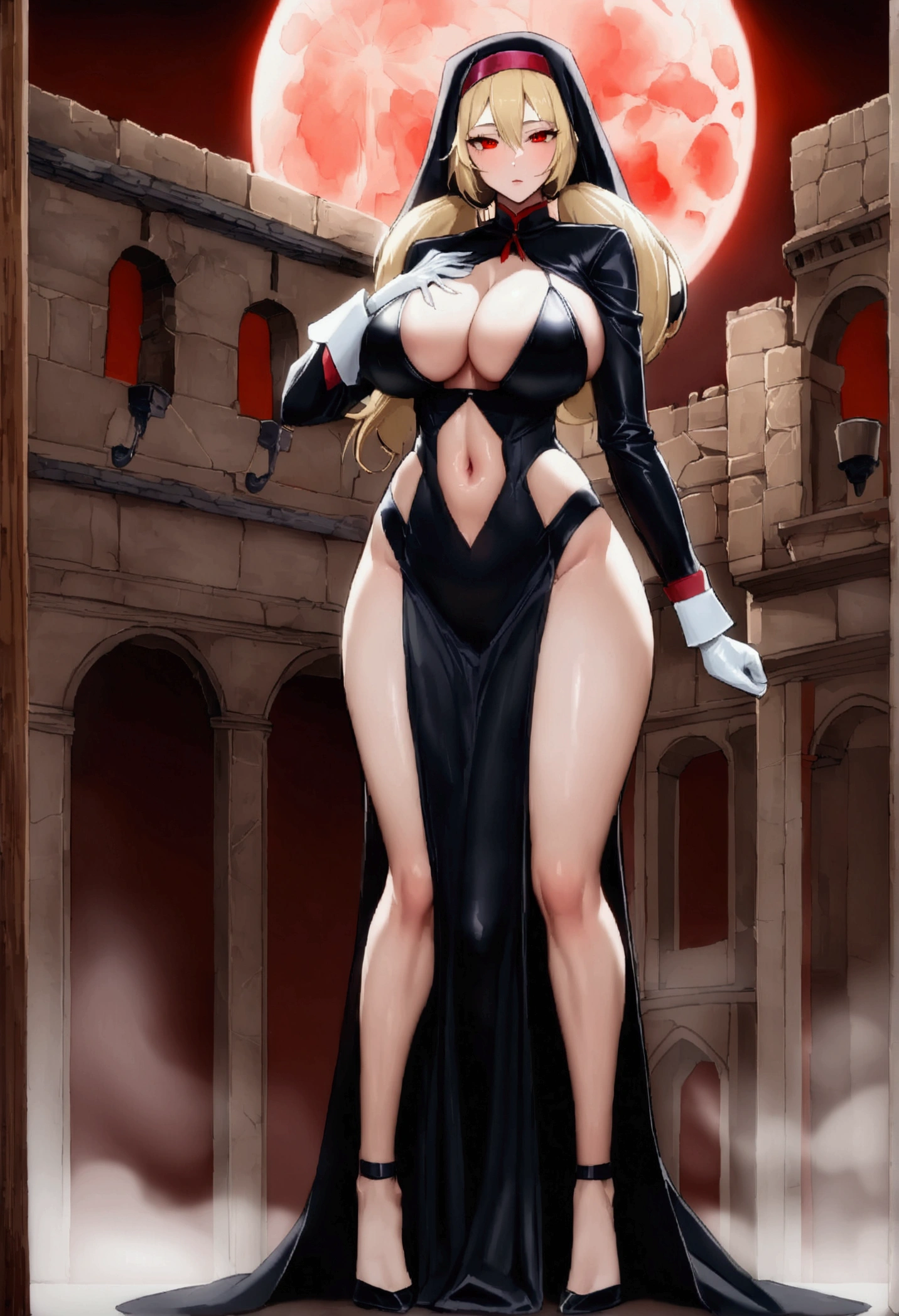 長い髪のbeautifulアニメ風の美女, (((Blonde)))Twin tail hair,(((Highest quality)))Transparent Hair,The face of cool,(((Red eyes)))Beautiful woman full of pleasure,(((A well-defined, glamorous body)))((Huge bust))Tight waist,(((光沢感あるRadical sister outfitを着ている))),(((Radical sister outfit)))She is wearing a nun&#39;s uniform that exposes her chest, navel, and thighs.,(((beautiful)))Fair skin,(((Standing provocatively)))Full Body Shot,(((background)))wood,fog,Red Moon,Mysterious flower,Abandoned Castle。