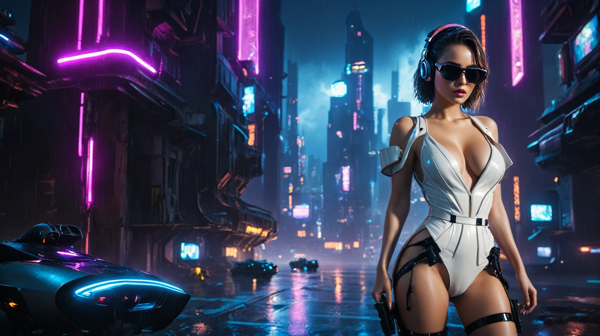(aerial view, a flying cars docking platform, a very dark abandoned futuristic city, neon lights), rainy night. 1girl, solo, alone, large-breast:1.2 slim body, cleavage:1.1, sexy wind blowing wet dress:1.4, (headphone, black sunglasses), (((she raised a pistol:1.8 and took aim))), dynamic pose, (((half-body thigh level medium shot))), cinematic lighting, lens flare, ray tracing.