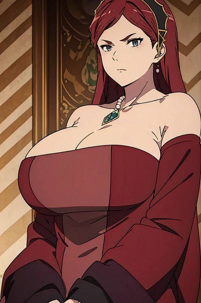 dress, hair band, maroon hair, milf, busty, huge  , long hair,  cleavage, emotionless, detailed, upperbody, 