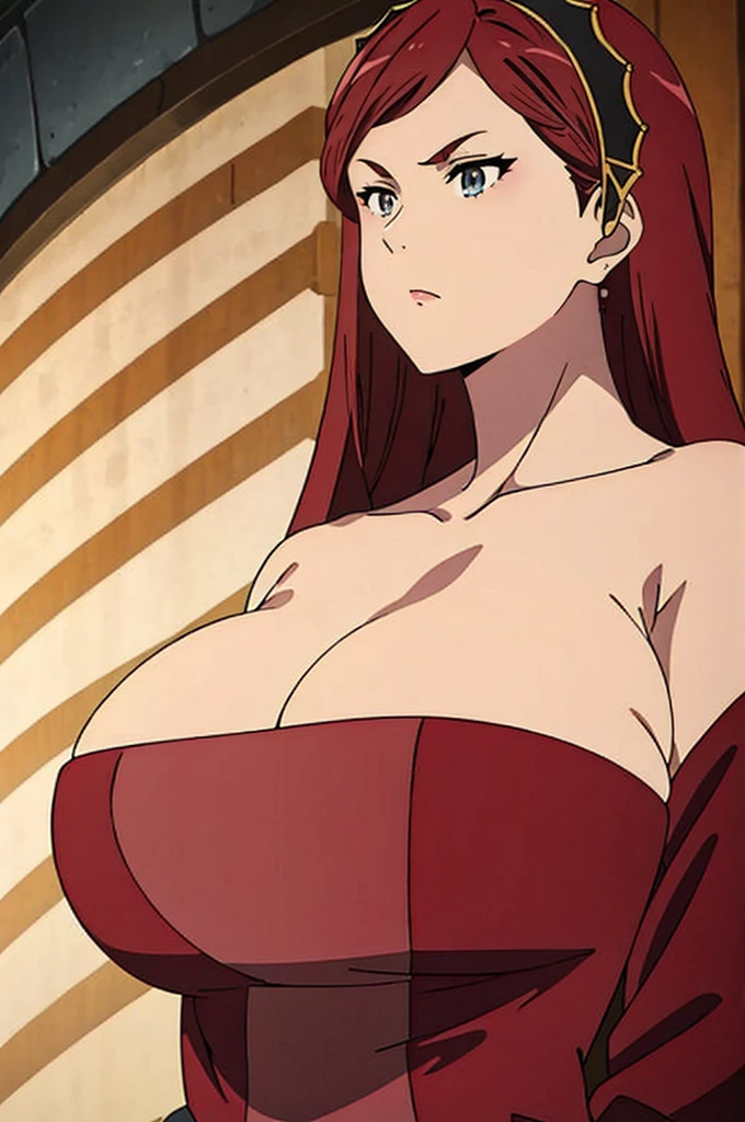 dress, hair band, maroon hair, milf, busty, huge  , long hair,  cleavage, emotionless, detailed, upperbody, 