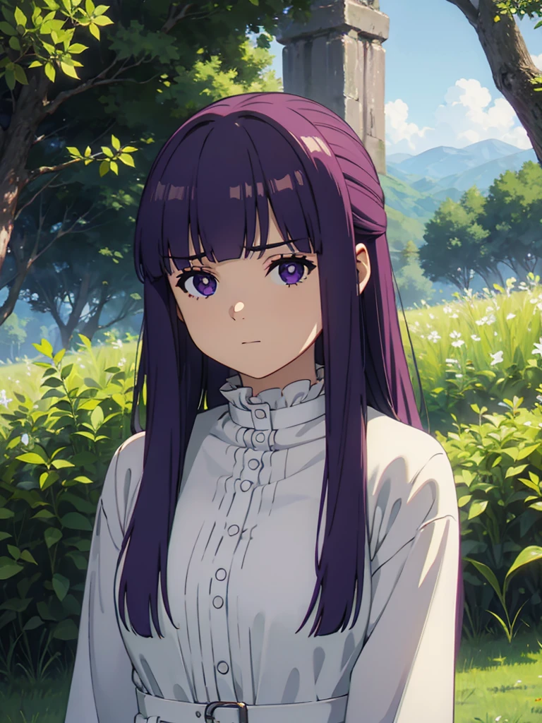 1girl,fern,fern_clothes,glare,upper_body,(looking at viewer:1.1),half-closed eyes,shaded face,angry,closed_mouth,outdoors,despise, (masterpiece:1.0),(best_quality:1.0), ultra high res,4K,ultra-detailed, photography, 8K, HDR, highres