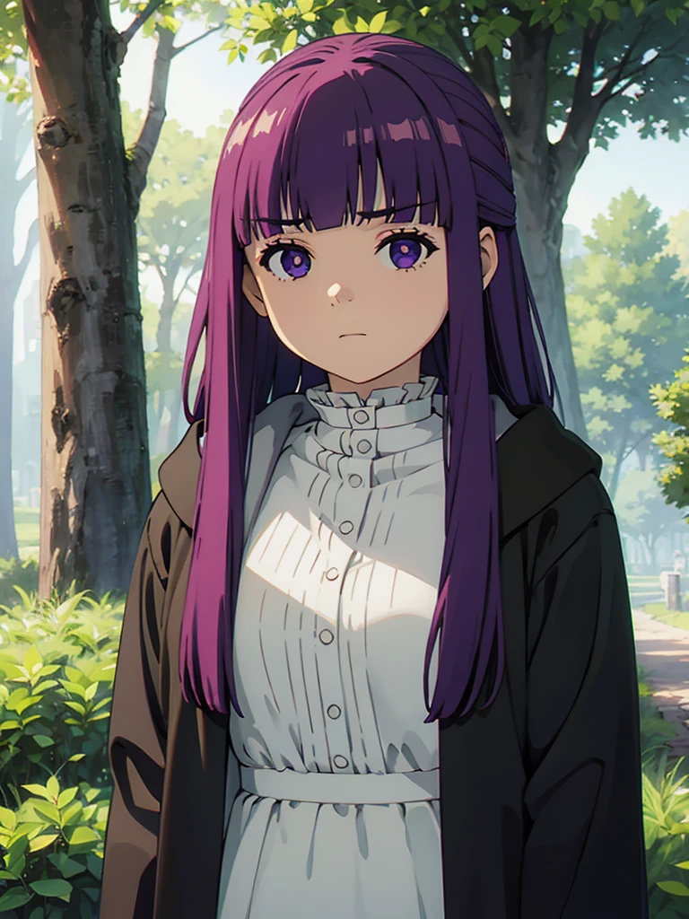 1girl,fern,fern_clothes,glare,upper_body,(looking at viewer:1.1),half-closed eyes,shaded face,angry,closed_mouth,outdoors,despise, (masterpiece:1.0),(best_quality:1.0), ultra high res,4K,ultra-detailed, photography, 8K, HDR, highres