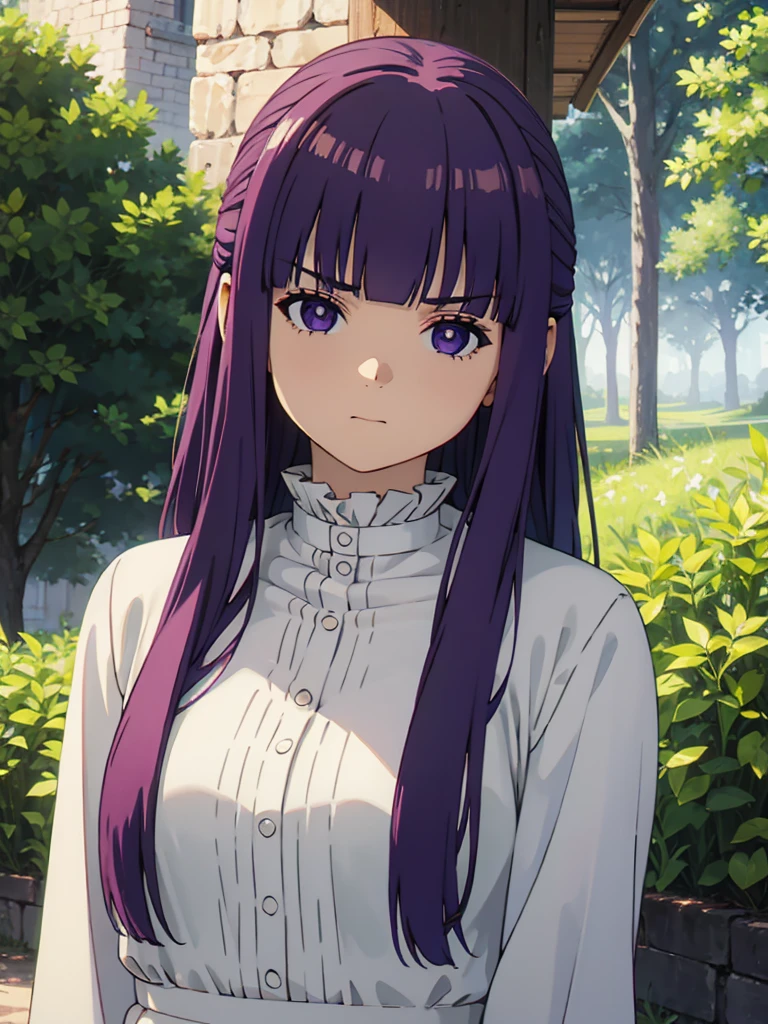 1girl,fern,fern_clothes,glare,upper_body,(looking at viewer:1.1),half-closed eyes,shaded face,angry,closed_mouth,outdoors,despise, (masterpiece:1.0),(best_quality:1.0), ultra high res,4K,ultra-detailed, photography, 8K, HDR, highres