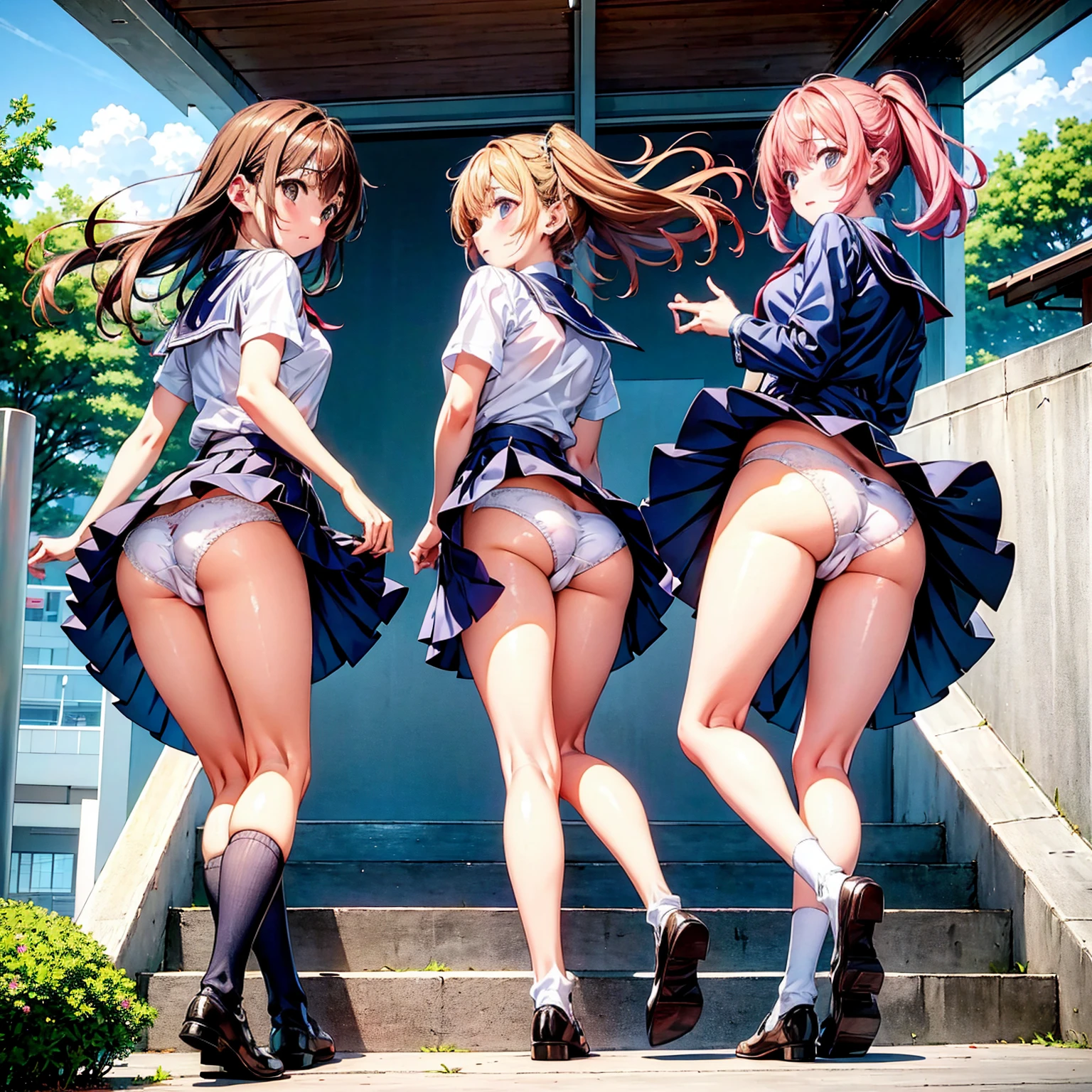 ((Highest quality)), ((masterpiece)), (High resolution), 8k, Best Shadow, The best natural light, Cinematic, (Four adult women climbing stairs), (Brown Hair, ponytail)、Looking back, bashful、Sailor collar、Fashionable white shirt、Sailor suit、Navy Pleated Skirt、(Navy blue socks)、((Rear view))、Angle from the rear, Navy blue socksにクローズアップ、Manga panel layout、Cartoon style、Manga Design、peaceful cityscape, Station stairs、On the way to school, (The wind is blowing up from the ground, flipping up her skirt and revealing her panties:1.4), (Stylish white satin panties, Stylish light blue satin panties, Stylish pink satin panties:1.4), Slender body,Beautiful thighs, Embarrassed look, Perfect lighting, Perfect Shadow, Exact number of arms, Exact number of legs, Perfect Anatomy, Exact finger count、Exact number of legs、(Exact number of arms:1.0, Exact number of hands:1.0), (Perfect hands, Perfect Anatomy), Chizuru, mami, Hand, sumi