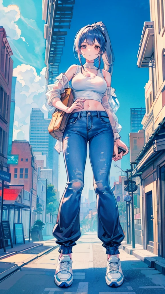 Composition viewed from below　masterpiece　　Unreal Engine　Anime Style　Delicate painting　4K　90's　giant　Multiple Girls　crowd　 　　Metropolis　Railway stations　line　Many trains　　crowd　Crowd of people　Giant girl standing in the city valley　Denim pants　Big Breasts　White T-shirt　Summer clothes　No sleeve　Tank top　White Bra　Her underwear is visible　Sweating profusely　Private Server　sneakers　White socks　watch　Black Hair　ponytail　smile　blue sky　cumulonimbus　Contrail　female giant giant girl Whole body 　 Destroyed skyscrapers Destroyed cars Crowd Unreal Engine,cleavage ,a drawing of a , earrings, long hair, 1980s (style) Cute picture　Beauty　Analog style　whole body　sneakers