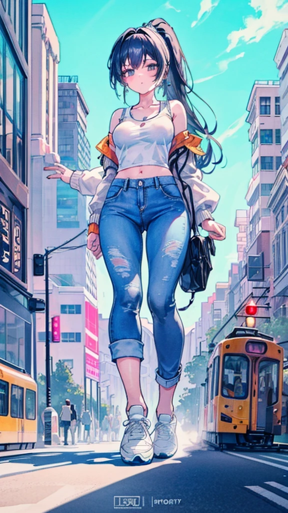 Composition viewed from below masterpiece Unreal Engine Anime Style Delicate painting 4K 90's giant Multiple Girls crowd Metropolis Railway stations line Many trains crowd Crowd of people Giant girl standing in the city valley Denim pants Big Breasts White T-shirt Summer clothes No sleeve Tank top White Bra Her underwear is visible Sweating profusely Private Server sneakers White socks watch Black Hair ponytail smile blue sky cumulonimbus Contrail female giant giant girl Whole body Destroyed skyscrapers Destroyed cars Crowd Unreal Engine,cleavage ,a drawing of a , earrings, long hair, 1980s (style) Cute picture Beauty Analog style whole body sneakers