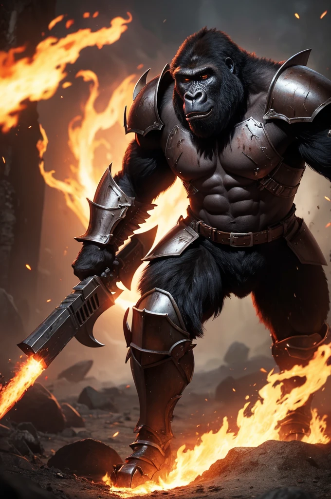 Ferocious monster warrior gorilla in hellfire, with full armor and helmet, with shadow power and hellfire, murderous and strong