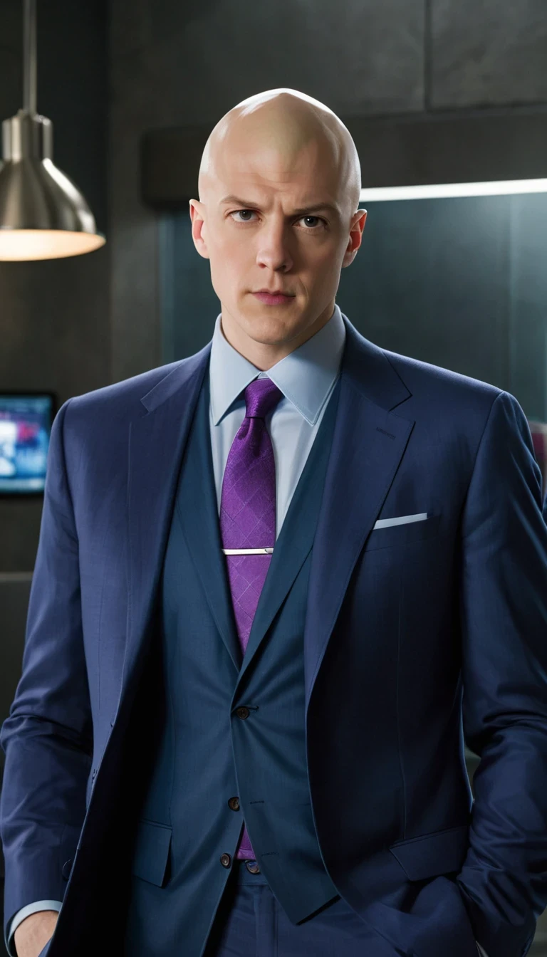 A high-quality photo of Lex Luthor's entire body, played by Michael Rosenbaum, is a man of medium to tall height, with about 1,83 meters (6 feet) Tall. He has a slim and muscular build, reflecting care for your physical appearance. One of his most striking features is his shaved head., which gives you a distinct and intimidating appearance. His face is angular, with prominent cheekbones and a defined jaw. Your eyes are blue, often described as penetrating and expressive, capable of conveying both charm and menace. Lex has fair skin and is usually seen wearing stylish, expensive clothes., like tailored suits, that accentuate its powerful and authoritarian presence.