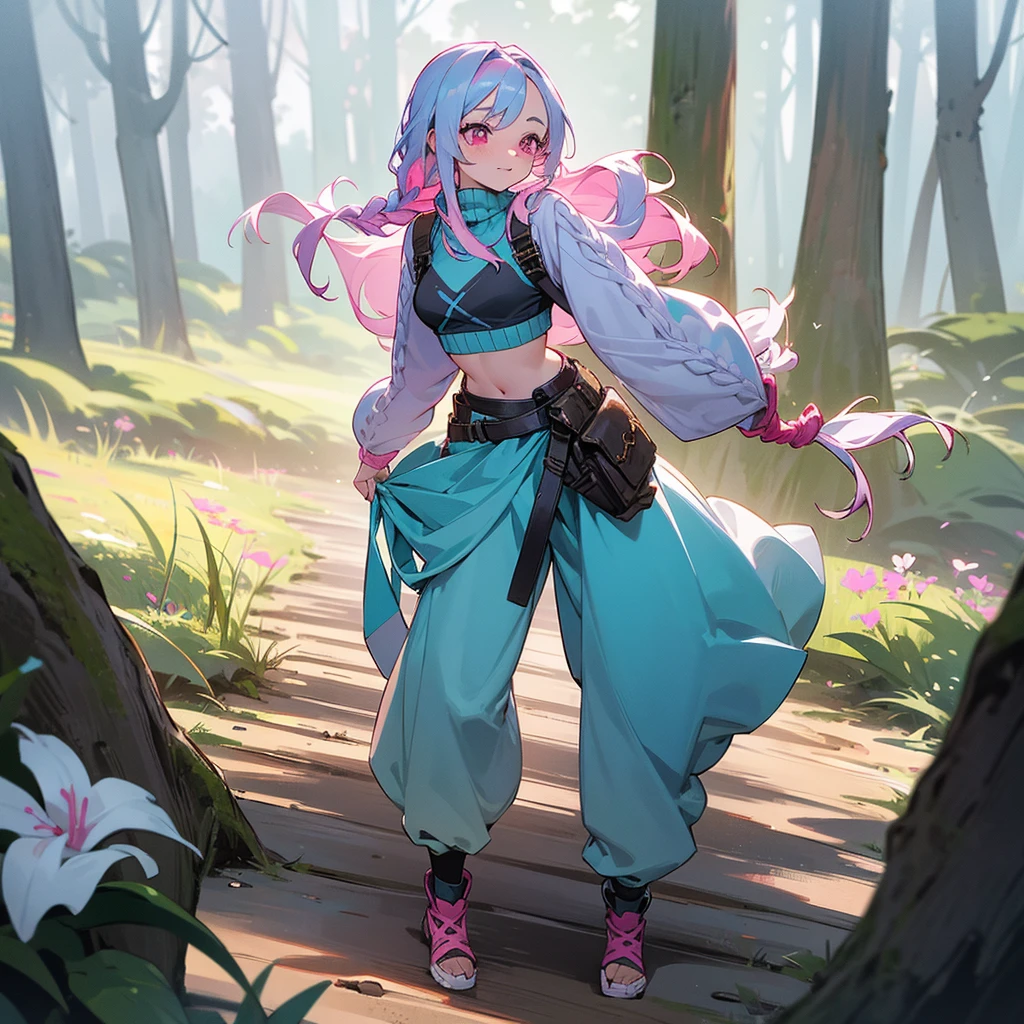 1female, sexy, young teen, finely detailed pink eyes, wild long hair, braided hair, pale blue hair color, adventurer gear, crop top sweater, baggy combat pants, standing on path, day time, dark forest, excited expression, flowers, blushing