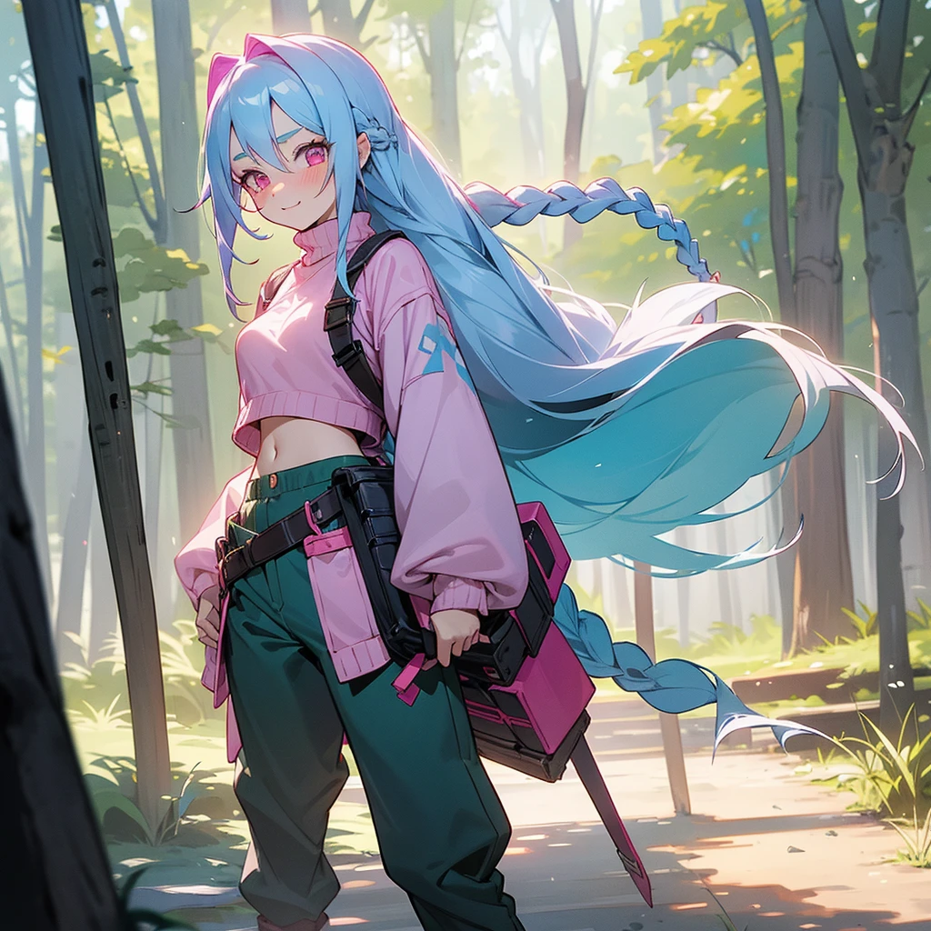 1female, sexy, , finely detailed pink eyes, wild long hair, braided hair, pale blue hair color, adventurer gear, crop top sweater, baggy combat pants, standing on path, day time, dark forest, excited expression, flowers, blushing