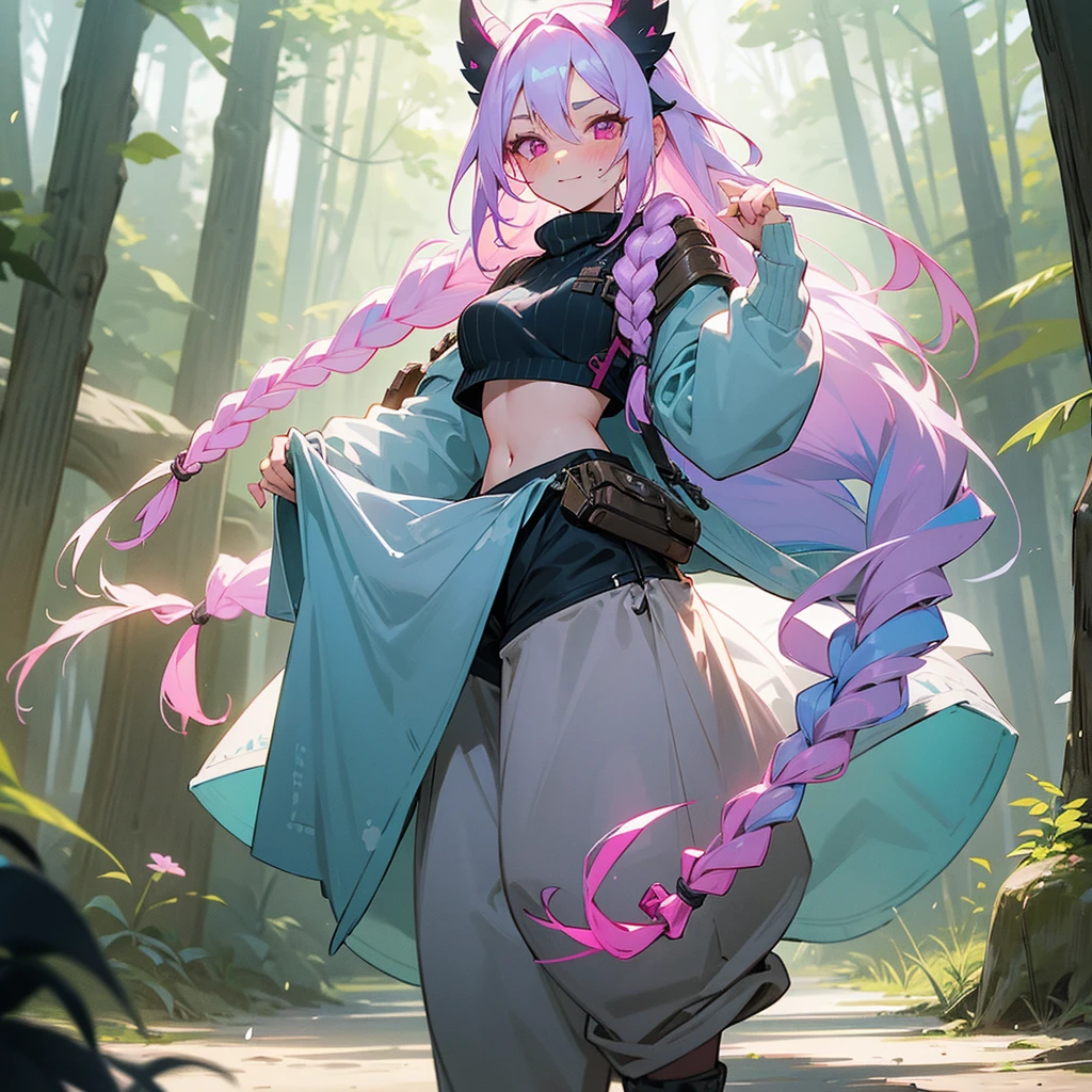 1female, sexy, , finely detailed pink eyes, wild long hair, braided hair, pale blue hair color, adventurer gear, crop top sweater, baggy combat pants, standing on path, day time, dark forest, excited expression, flowers, blushing