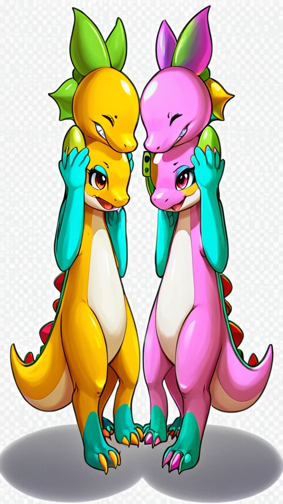 two cartoon dinosaurs with bows on their heads, one is talking on the phone, cute pokemon style, ambos laughing, Beautiful ajolote, SFW version, buizel and human fusion, beautiful colorful adorable, Twins, Beautiful work of art, laughing, digimon glamorous angelic woman, beautiful digital art, Guggimon, adult pair of Twins, diferentes poses, Bub, bubble bobble video game, green scalie, skill,
Bubble dragon,