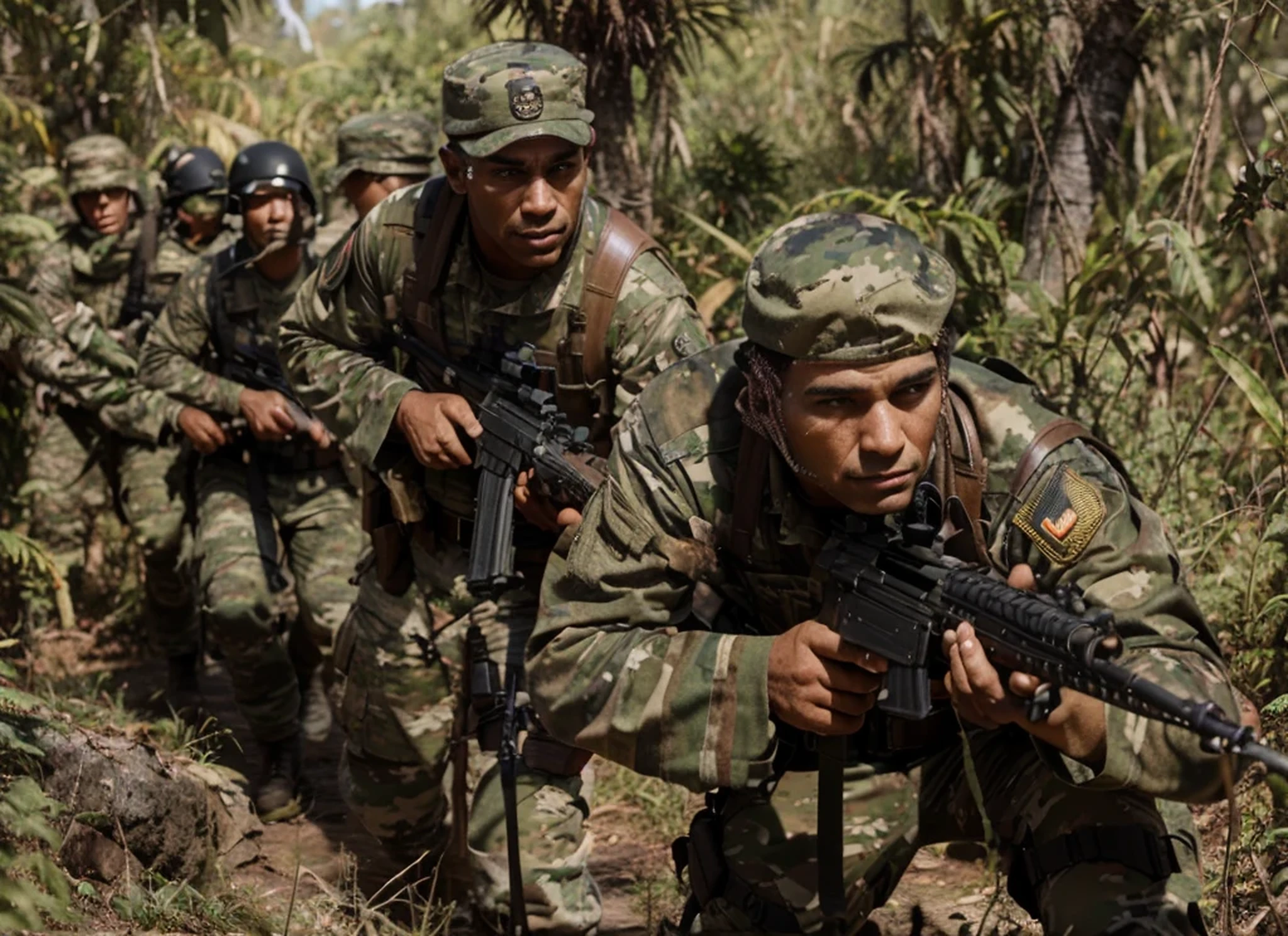 many Male soldiers, Cuban features They wear camouflage paint on their faces, They wear a camouflage hat, Brown soviet style military uniform, Belt with ammunition, hands with black leather gloves, holds a rifle, they are in a jungle ultra detailed, grass very high, ultrarealistic, 4k, Ultra detailed image, realistic, Highly detailed, perfect composition, gorgeous, Intricately detailed, incredibly detailed, Art photography 8K, hyper detailed, Masterpiece, Ultra detailed, hyper realistic