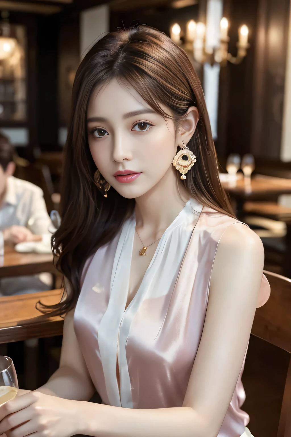 masterpiece, Highest quality, Realistic, Very detailed, Finer details, High resolution, 8k wallpaper, One beautiful woman, Wear a good quality pastel colored silk shirt, In a great restaurant, At night, Light brown messy hair, Perfect dynamic composition, Beautiful and beautiful eyes、Big earrings、chest、Sleeveless shirt、