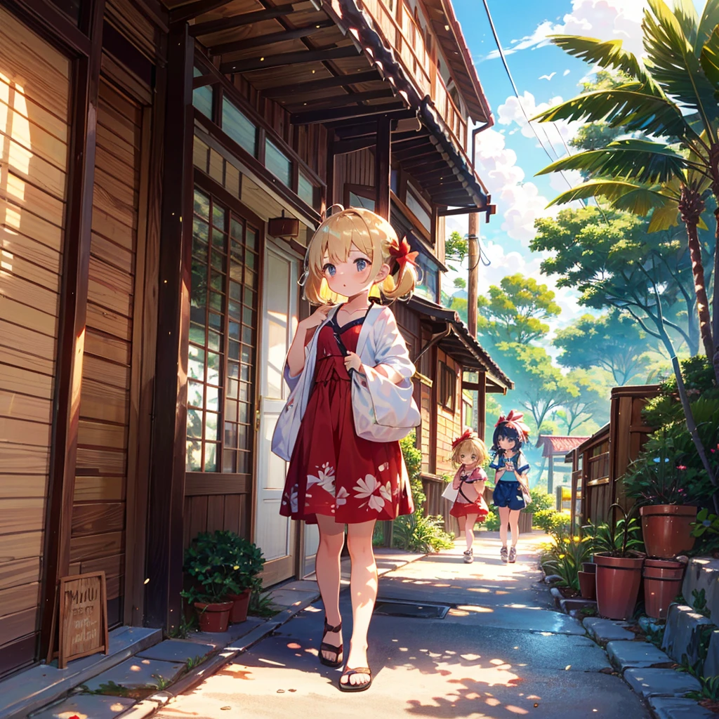 High quality background, bright and beautiful atmosphere, three girls (2 , (one with a short temper and round face), (one child)) ( surface effect, color effect), small breasts, blonde hair, Hawaiian resort area, in front of a fashionable Hawaiian store, a girl wearing Hawaiian clothes, very showy hairstyle, wiping her forehead looking hot, a mini pig walking sadly behind, a tropical mini pig having fun, "deltamon_sdXL: 0.73)>Deltamon makes an instant decision.side view,