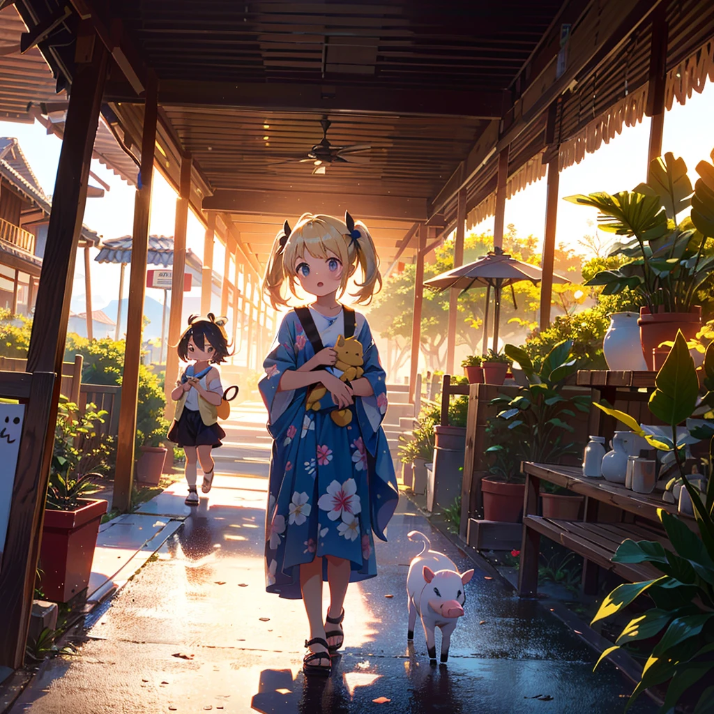 High quality background, bright and beautiful atmosphere, three girls (, (one with a short temper and round face), (one child)) (hair, surface effect, color effect), small breasts, blonde hair, Hawaiian resort area, in front of a fashionable Hawaiian store, a girl wearing Hawaiian clothes, very showy hairstyle, wiping her forehead looking hot, a mini pig walking sadly behind, a tropical mini pig having fun, "deltamon_sdXL: 0.73)>Deltamon makes an instant decision.side view,