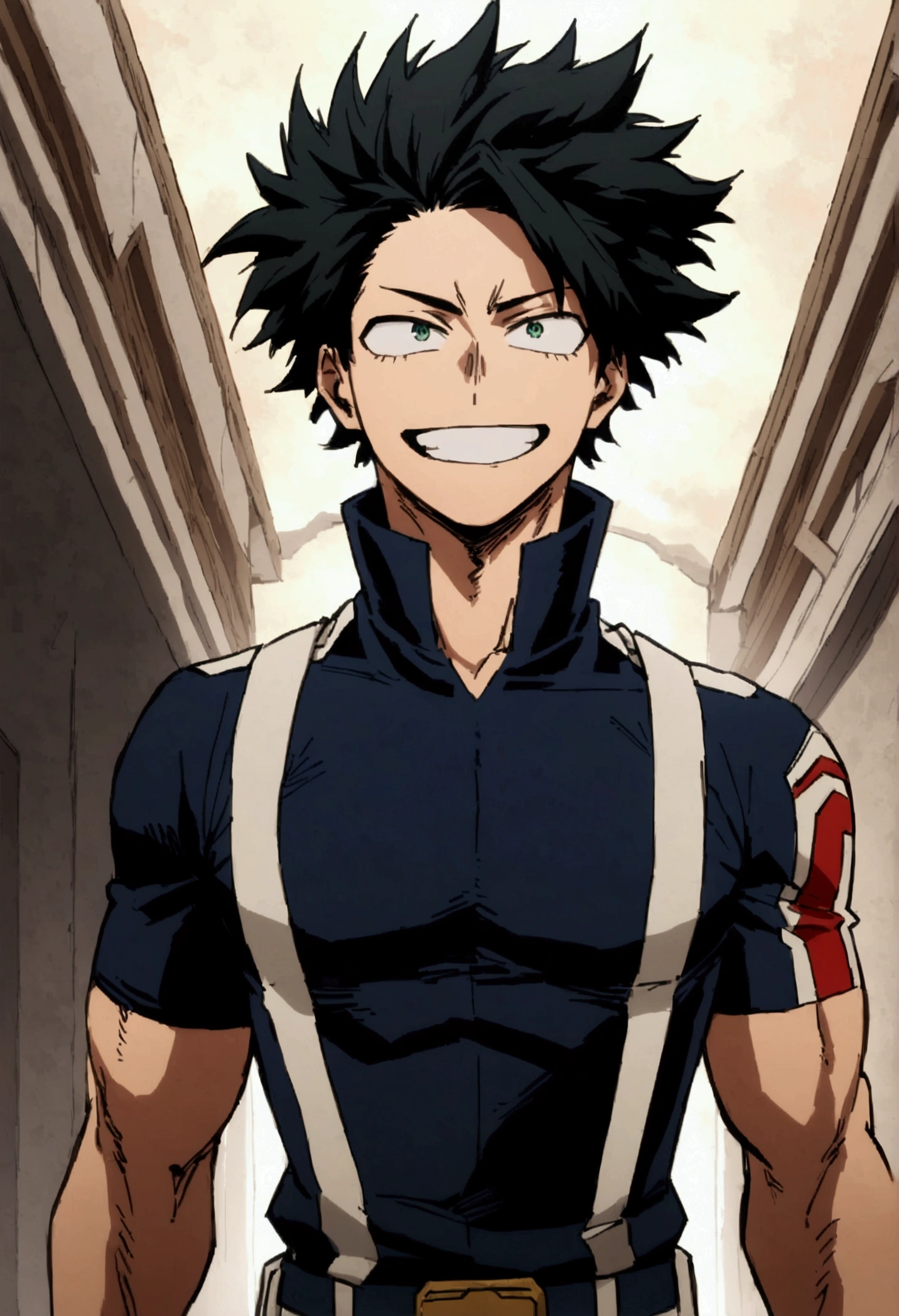 He is a 17 year old teenager, He has slightly disheveled very black hair..., somewhat light green eyes, , muscular body , sexy face, He is dressed in the anime male uniform "my hero academia", excited face