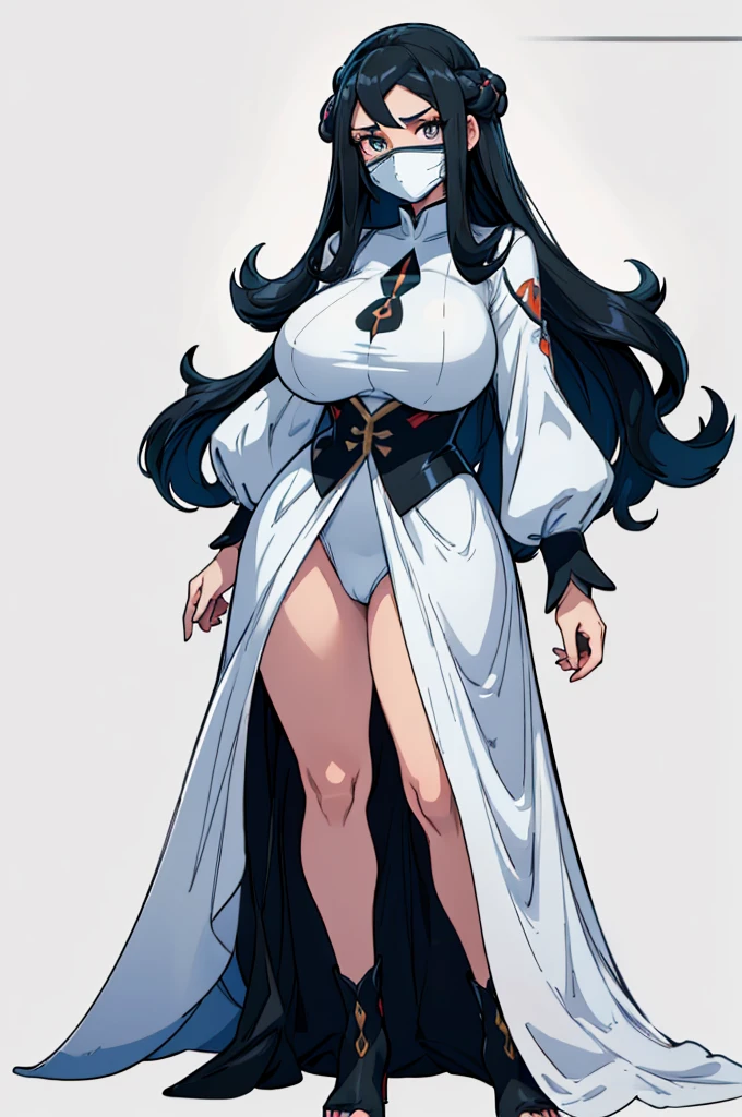 (masterpiece, best quality, high resolution, (pokemon style) ((huge breasts)) 1 ghost girl with very long black hair covering her face, white long-sleeved tunics of a full-body ghost, ((white background,)) , ((full body standing)),
