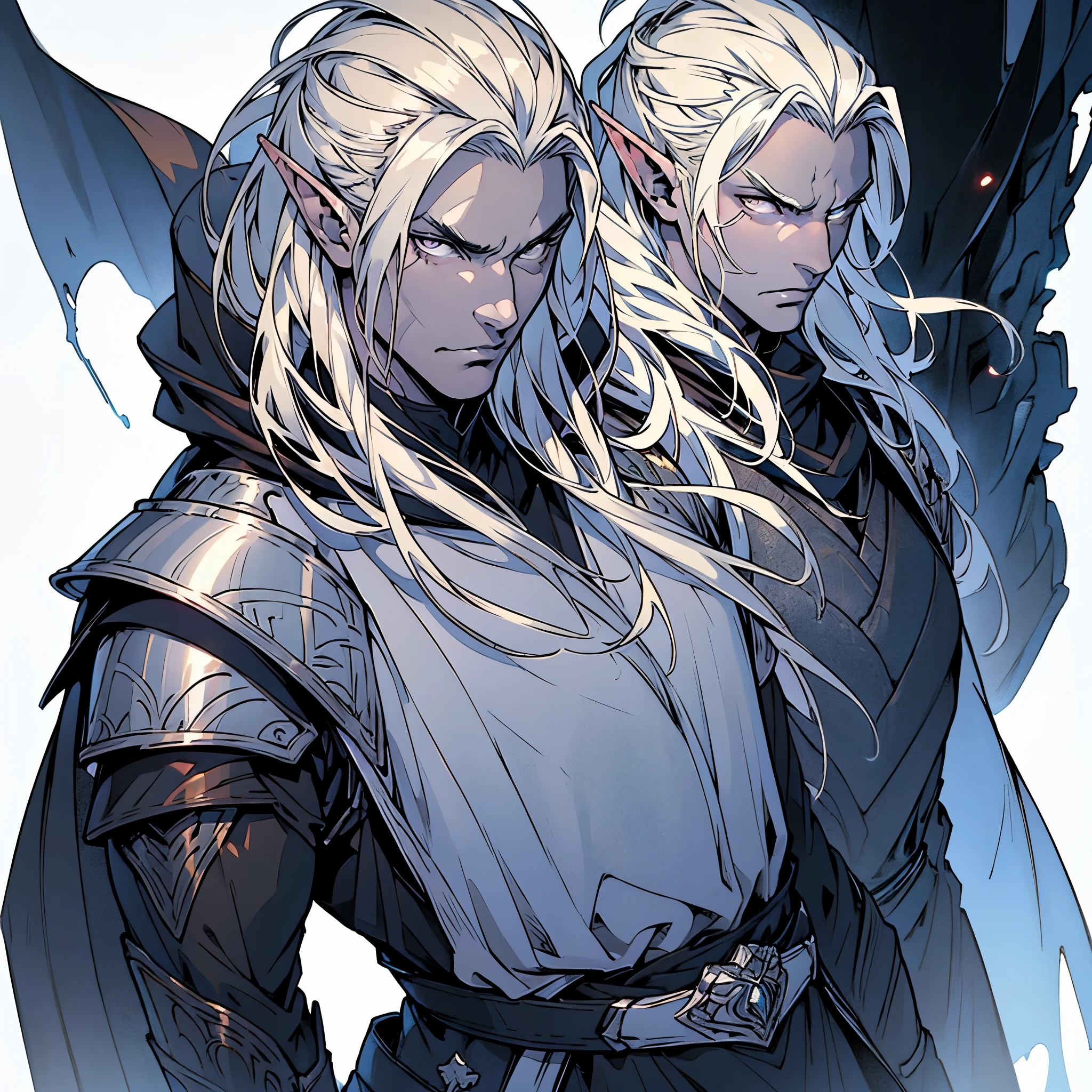 anime, Mature (((50 years old))), masterpiece, best quality, by professional artist, male, solo, full body portrait, detailed composition, detailed eyes, white background, long light blond undercut hair, elf, grey eyes, serious face, hair covering one eye, black cloak, silver medieval armor.