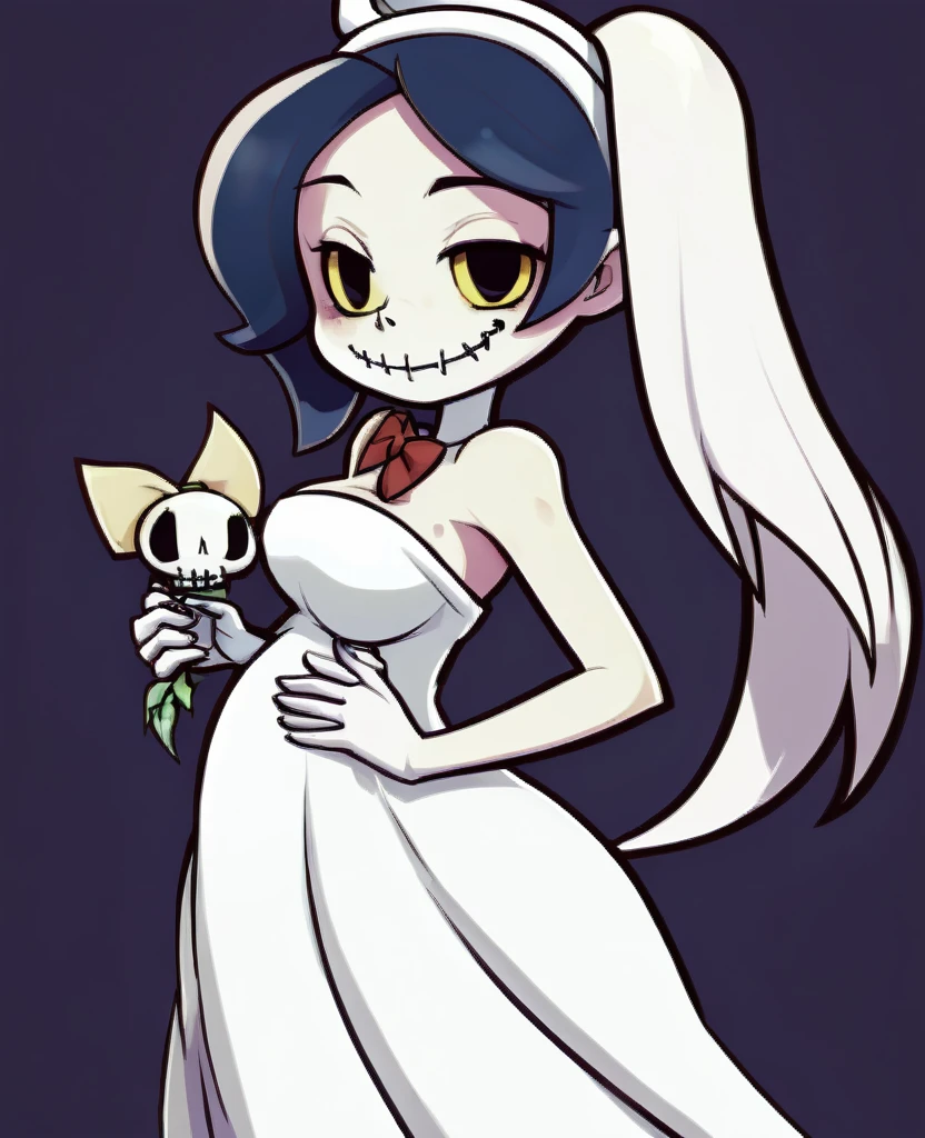 squigly pregnant skullgirls wearing a wedding dress with a loving smile looking at the viewer