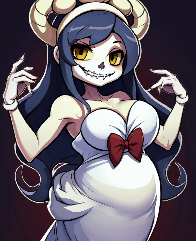 squigly pregnant skullgirls wearing a wedding dress with a loving smile looking at the viewer