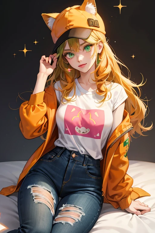 Tabitha has fair skin, and curly emerald green knee-length hair. She has big green eyes, and pink lips, with orange eyeshadow. Her accessories consist of a orange tabby cat hat with three dark orange striped on the top.
Her outfit consist of a white T-Shirt. Over this T-Shirt she wears an orange plad jacket with a golden zipper track. The zipper is gold and as a cat shape. She wears light blue jeans with the knees ripped. Her black shows have cat whiskers on them colored in white. SPARKLE; GLITTER