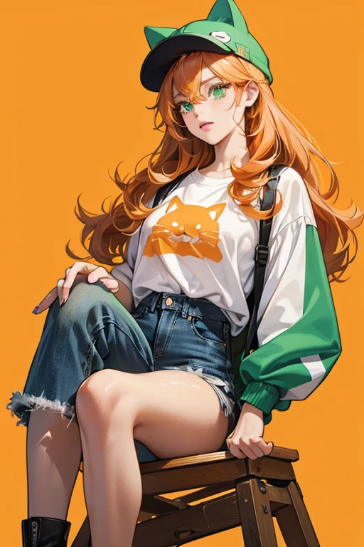 Tabitha has fair skin, and curly emerald green knee-length hair. She has big green eyes, and pink lips, with orange eyeshadow. Her accessories consist of a orange tabby cat hat with three dark orange striped on the top.

Her outfit consist of a white T-Shirt. Over this T-Shirt she wears an orange plad jacket with a golden zipper track. The zipper is gold and as a cat shape. She wears light blue jeans with the knees ripped. Her black shows have cat whiskers on them colored in white. SPARKLE; GLITTER