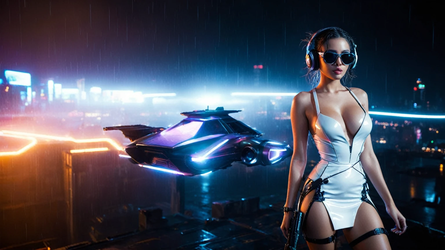 (aerial view, a flying cars docking platform, a very dark abandoned futuristic city, neon lights), rainy night. 1girl, solo, alone, large-breast:1.2 slim body, cleavage:1.1, sexy wind blowing wet dress:1.4, (headphone, black sunglasses), (((she raised a pistol:1.8 and took aim))), dynamic pose, (((half-body thigh level medium shot))), cinematic lighting, lens flare, ray tracing.