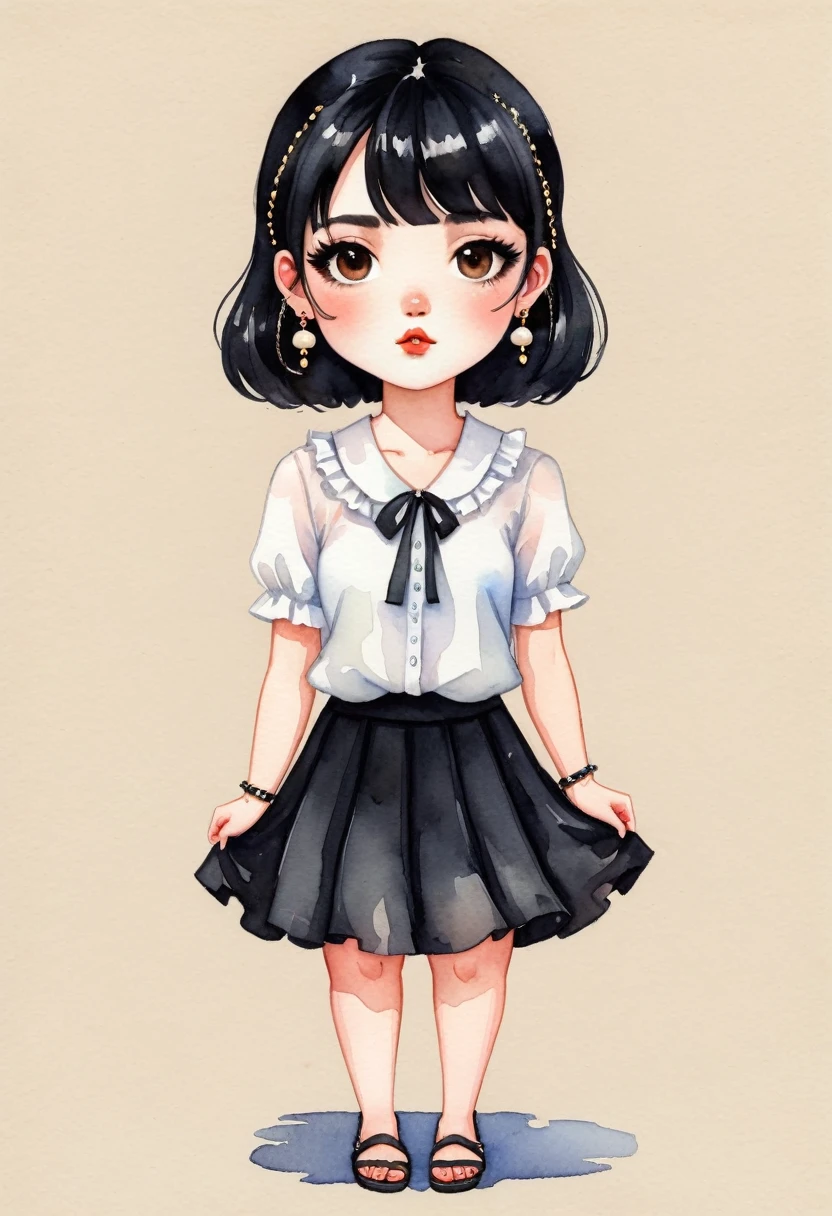 Miniature Painting, watercolor style,  cartoonA woman looking straight ahead,Perfect face, she has black hair with bangs, brown eyes, small freckles on her face, earrings in her ears and a chain on her arm. She is wearing a black skirt and white blouse with ruffles. She has black sandals on her feet. watercolor style, kawaii style. high quality, by Harumi Hironaka